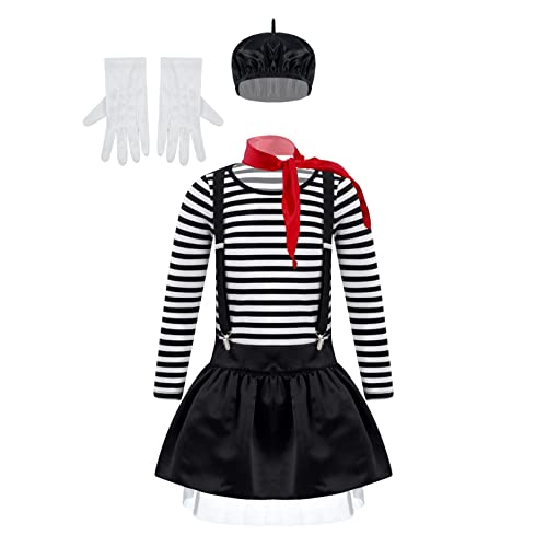 iiniim 4pcs Disfraz de Artista Francés para Niño Traje Infantil de Mimo Cosplay Halloween Camiseta a Rayas Guantes Blancos Boina Tirantes 7-12 Años Negro B 5-6 años