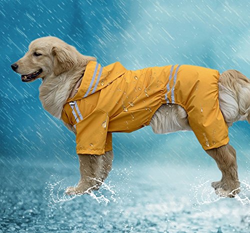 Impermeable perro chubasquero de 4 patas para perro con capucha y botón de agujero para correa de perro, ligero chaqueta para perro, chubasquero para Golden Retriever Samoye Husky Collie
