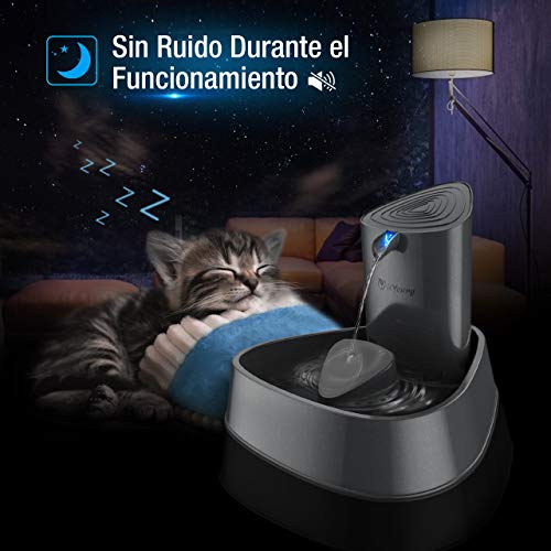 isYoung Fuente Silencioso para Gatos 1.5L Bebedero Automático Fuente de Agua para Perros y Gatos Sano e Higiénico con Luz LED y Filtros de Carbón Activado