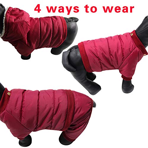 JoyDaog Abrigo de perro con forro polar con capucha desmontable y patas traseras, chaqueta cálida para perro en invierno (rojo XL)