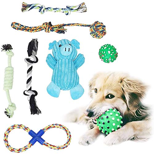 Juego de 7 juguetes para cachorros de juguete para perros, juguete para morder para perros, cachorro, cerdo azul de peluche con sonido