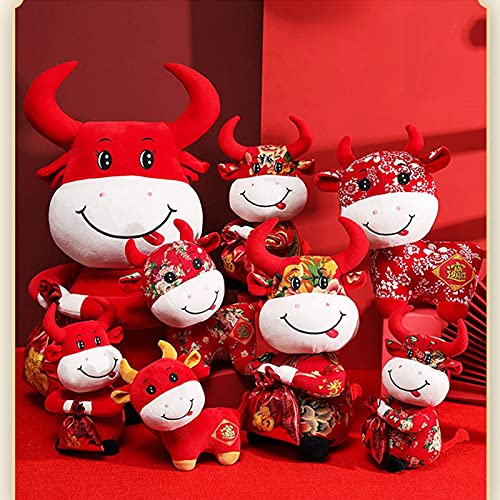 Juguete de peluche de buey de año nuevo chino, juguete de peluche de año del buey, vaca de la suerte, animal de peluche, mascota roja, adorno de muñeca, juguete de buey para el festival del buey del