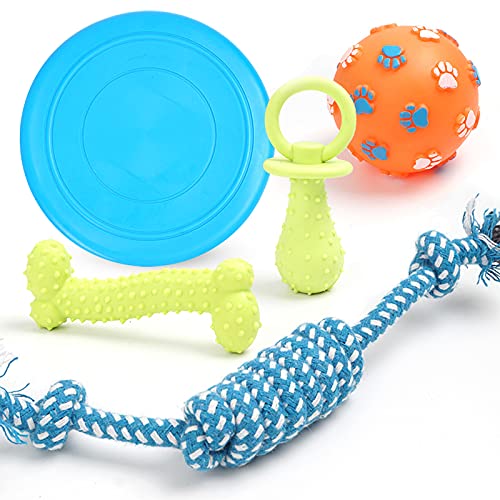 Juguetes para perros para masticadores agresivos de raza mediana, paquete de 5 juguetes de cuerda para perros medianos con chupete para perros, frisbee, hueso y pelota chirriante