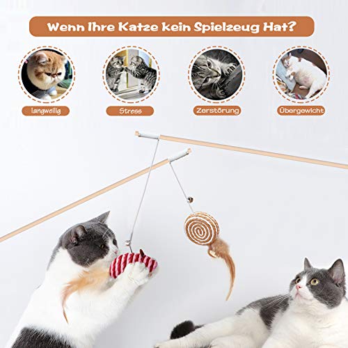 KABB Juguete Interactivo para Gatos con Plumas, 3 Unidades de 40 cm, Varita mágica con Cuerda elástica para Jugar a los Gatos, 5 Palos de Hierba gatera para el Cuidado Dental Natural de los Gatos