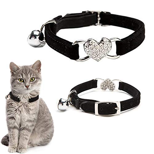 Kingkindsun Collares para Gatos con la Campana y del Cristal del corazón Suministros Linda del Animal doméstico,Negro+Rosa