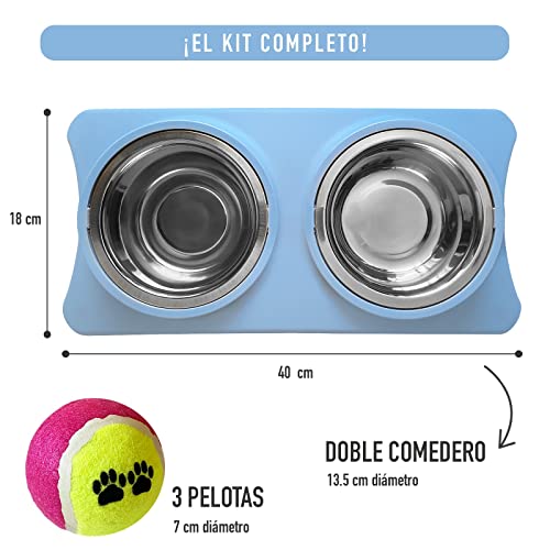 Kit de Comedero Doble de Acero Inoxidable más Pelotas de Juguete para Perros Pequeños y Medianos. Tazón Doble para Comida y Agua para Mascotas y 3 Pelotas de Tenis. (Azul)