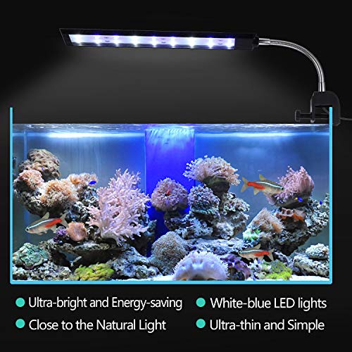 KWOKWEI Luz LED para acuario con clip y luz azul y blanco de 10 W, lámpara LED con soporte ajustable, 27 ledes para acuario, cisternas