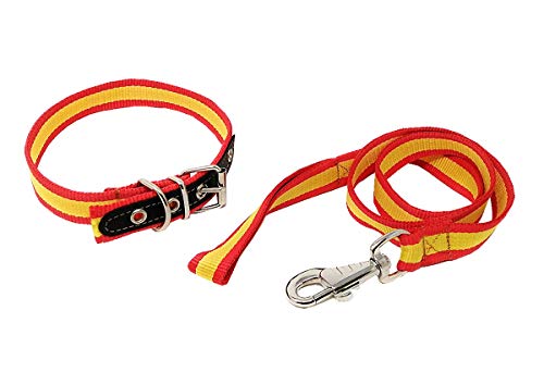 LGP- Collar para Perros de Nylon y Cuero Bandera de España, 2,5 x 41 cm. + Correa de Paseo, Bandera de España, de 1,05 Metro