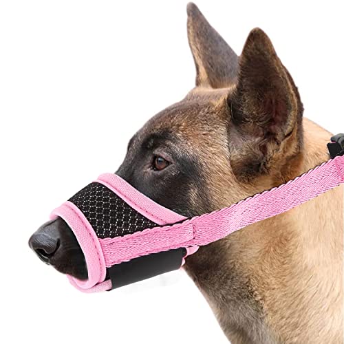 M MUNCASO Bozal para perros que previene para morder ladridos y masticar, malla transpirable ajustable y almohadilla suave para la cubierta de boca de perros pequeños, medianos y grandes (XL, rosa)