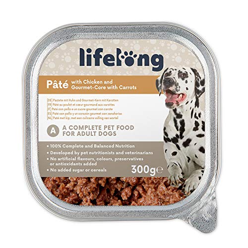 Marca Amazon - Lifelong Dog Food - Paté con pollo y un corazón gourmet con zanahorias, Paquete de 10 x 300g