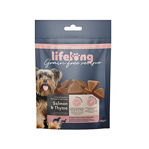Marca Amazon - Lifelong - Treats para perros, sin trigo, con mono-proteína, con salmón, zanahoria y tomillo (8 packs x 240gr)