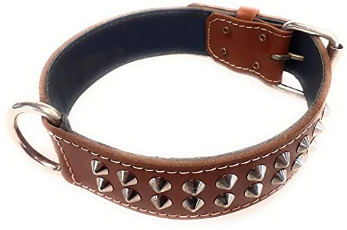 M&D Collar de piel marrón de 3,8 cm de ancho con diseño de tachuelas para perros como Staffordshire Bull Terrier, Bulldogs Inglés, Pit Bull y muchos más (mediano: 45,7 cm - 55,8 cm)
