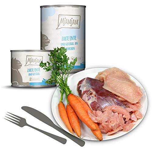 MjAMjAM - Comida húmeda prémium para Gatos - Delicado Pato y Aves de Corral en deliciosas Zanahorias, Pack de 1 (1 x 400 g), sin Cereales con Mucha Carne