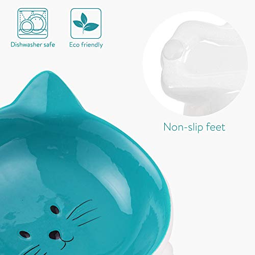 Navaris 2X Cuenco para Mascotas con Forma de Gato - Comedero y Bebedero Doble de cerámica para Perros o Gatos - Inclinados y Antideslizantes - Azul