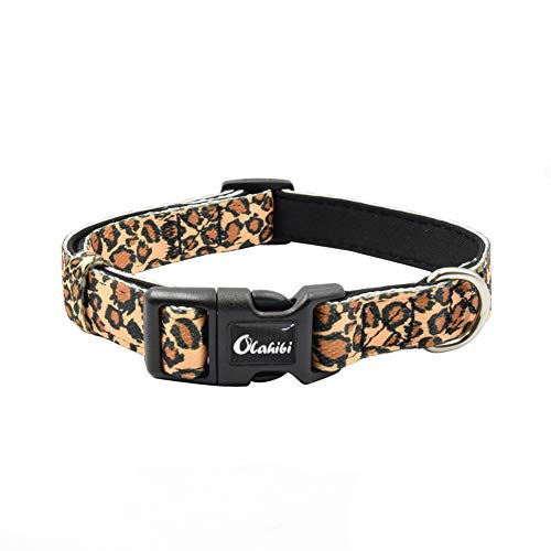 Olahibi Collar de perro de poliéster con patrón de leopardo, acolchado de neopreno suave y cómodo, para perros pequeños (leopardo).