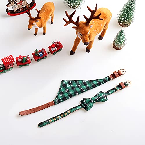 OmeHoin Conjunto de collar y bandana para perros y gatos, collar de Navidad clásico de copo de nieve a cuadros con lazo y baberos triangulares, pañuelo de copo de nieve a cuadros verdes + bandana