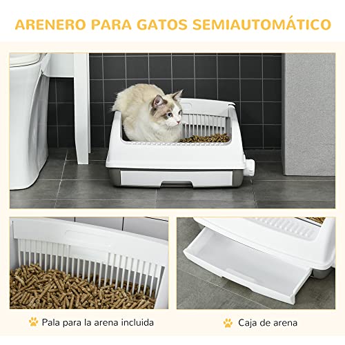 PawHut Bandeja Higiénica para Gatos Arenero Abierto Semiautomático con Botón Pala Bandeja Extraíble y Bordes Altos 62x46,5x19,5 cm Blanco