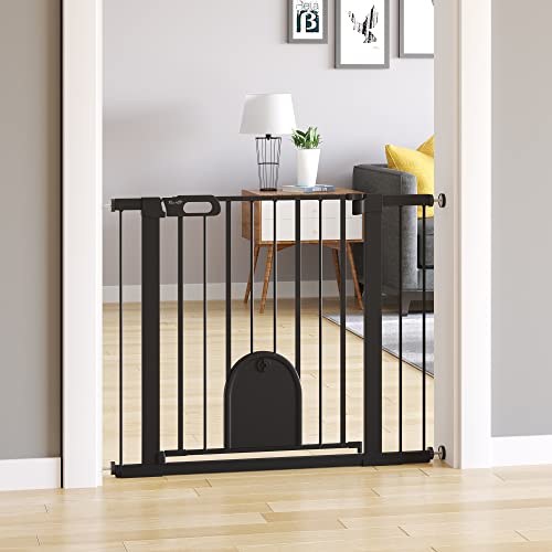 Pawhut Barrera de Seguridad de Perros Mascotas para Escaleras y Puertas 75-103 cm con 2 Extensiones Cierre Automático y Sistema de Doble Bloqueo Acero Negro