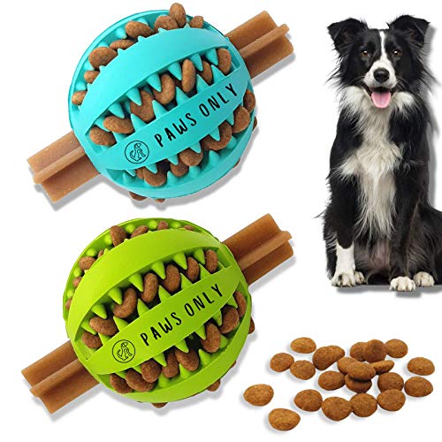 PawsOnly Dispensador de golosinas de Reino Unido, bola de juguete para perros, juguetes interactivos para aburrimiento, rompecabezas de perro, limpieza de dientes (7 cm, verde + azul)