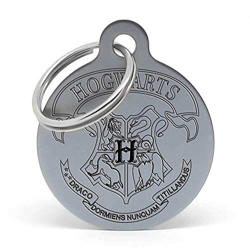 PERDIDUS Placa Identificativa para Perro 'Hogwarts' Personalizada. Grabado del Nombre y Teléfonos. Gris. Harry Potter.
