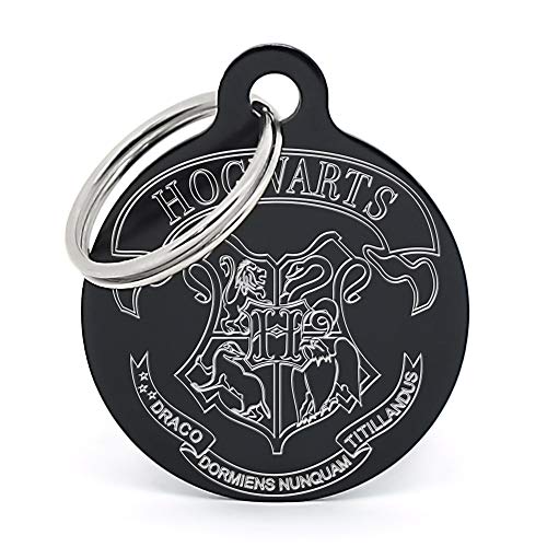 PERDIDUS Placa Identificativa para Perro 'Hogwarts' Personalizada. Grabado del Nombre y Teléfonos. Negro. Harry Potter.