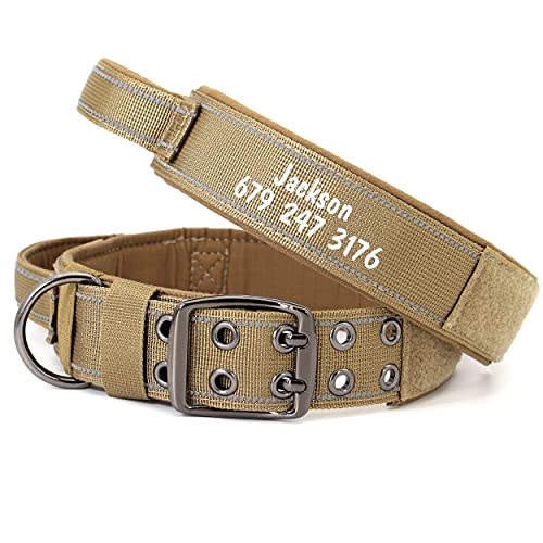 PET ARTIST Collar para perro militar ajustable con nombre y número de teléfono personalizados para mascotas,Collar con hebilla de metal resistente para perros medianos grandes,marrón, L