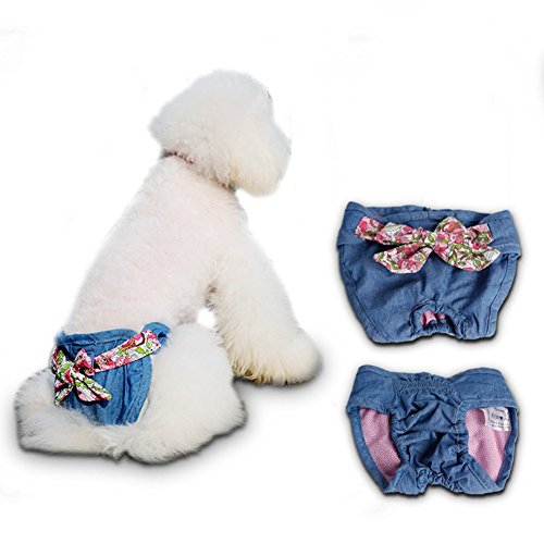 Pet Online Temporada de perro caliente bragas pañal Pañales lavables pañales femenina leche pad denim perro mascota segura y cómoda ropa interior pantalones física, nudo mariposa, l