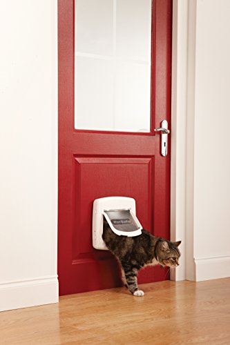 PetSafe Staywell Deluxe - Puerta para Gatos con Sistema de Bloqueo de 4 Posiciones, Gatera de Entrada y Salida - Collar con Llave Magnética - Fácil de Instalar - Blanco