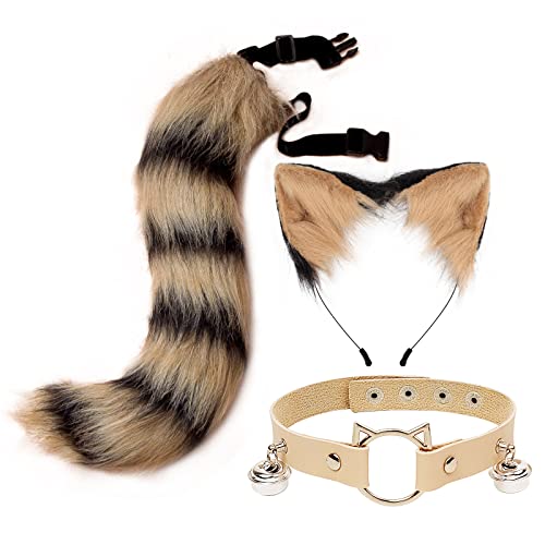PHILSP Diadema de orejas de felpa para orejas de gato, diademas, cola de animal, collar de campana para Halloween, cosplay, fiesta, collar, accesorios de aro C