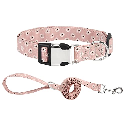 Piang Gouer Juego de collar y correa, diseño floral, collar para mascotas con hebilla de metal, tamaño ajustable, collar para gatos para perros pequeños y medianos (rosa-M)
