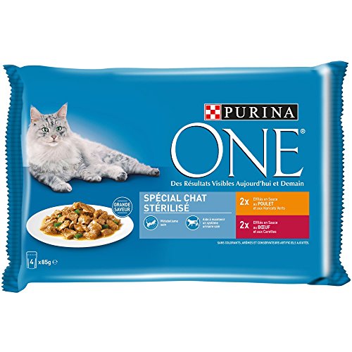PURINA ONE Especial Gato stérilisé: al Pollo y al Buey – 4 x 85 g – Bolsas Fiambrera para Gatos Adultos –  – Juego de 12