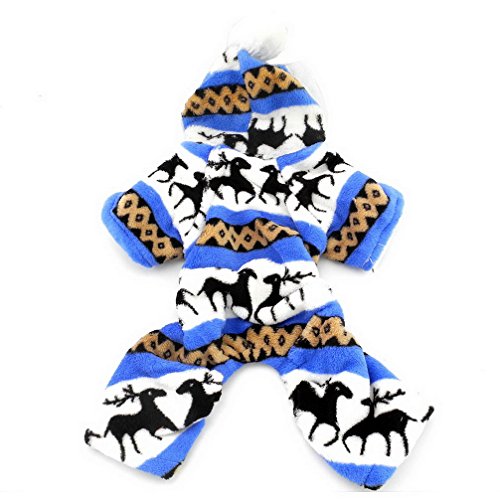 Ranphy Ropa de perro pequeño gato para niño niña suave terciopelo patrón de reno perro Pijamas cachorro sudadera con capucha Mono azul M