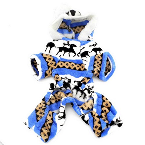 Ranphy Ropa de perro pequeño gato para niño niña suave terciopelo patrón de reno perro Pijamas cachorro sudadera con capucha Mono azul M