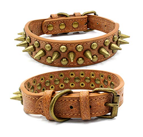 RC GearPro Collar de Perro con Tachuelas para Mascotas Productos Collar de Perro de Cuero Genuino con Tachuelas con Remaches (L, marrón)