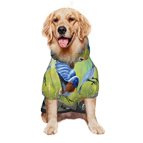 Ropa de perro con capucha para perro con estampado de pájaros azul oriental con capucha para disfraz de mascotas, sudadera de invierno mediana y grande