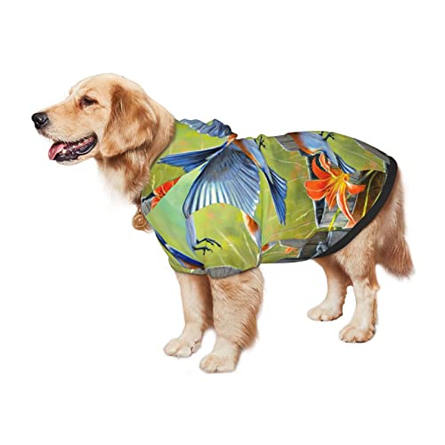 Ropa de perro con capucha para perro con estampado de pájaros azul oriental con capucha para disfraz de mascotas, sudadera de invierno mediana y grande