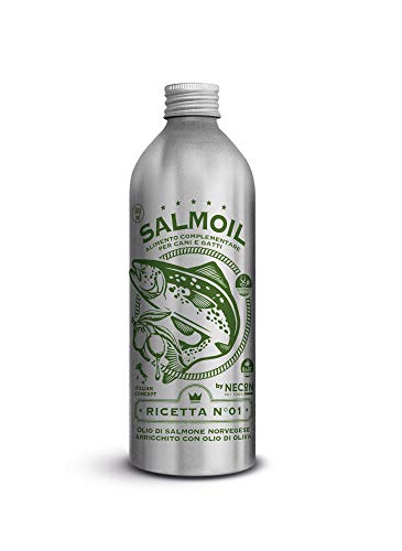 SALMOIL by NECON Pet Food Receta 1, alimento complementario/alimento para Perros y Gatos a Base de Aceite de salmón Noruego enriquecido de Aceite de Oliva 250 ml, Rico en Vitamina E, Made in Italy