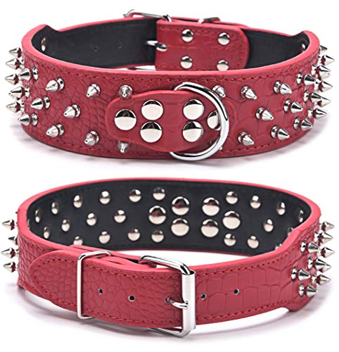 SEKAYISORE Collar de perro resistente, ajustable con tachuelas con espigas, 3 filas de remaches de bala tachonado de cuero sintético para todas las razas, 5 cm de ancho, color rojo L