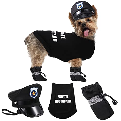 Set de Disfraz de Mascota de Seguridad Camiseta de Perro de Guardaespaldas Privado, Camiseta de Perro Policía, Sombrero y Zapatos Disfraz de Perro Gracioso Ropa de Perros Bonitos
