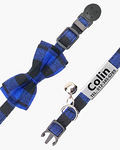 TagME Collar de Gato Personalizado, con Placa de Identificación Personalizable y Hebilla de Liberación Rápida Corbata de Moño Collar de Gato, 1 Paquete Azul