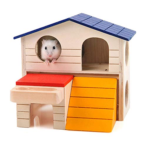 U/K Casa de madera para hámsters, escondite deluxe, dos capas, cabaña de madera, juguete masticable con virutas de madera natural, calidad estable