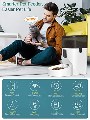 VavoPaw Comedero Automático para Gatos Perros, 7L Dispensador WiFi Inteligente App Control Remoto Gran Capacidad 1-10 Porciones Comidas Grabación de Voz Alimentador para Gatitos Perritos, Negro