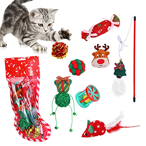 VavoPaw Juego para Gatos con Calcetín Navideño, 8 PZS Juguetes Interactivos Diferentes Divertidos de Felpa Suave con Media Regalo Navidad para Gatitos Mascotas, Verde