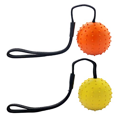Vivifying Bola para perro con cuerda, 2 unidades de bola de goma interactiva natural para recoger, atrapar, tirar y tirar de la guerra (naranja + amarillo)
