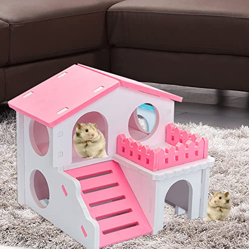 Wharick Hamster House Gerbil Toys,Juguetes para ratas para mascotas,Doble capa de madera Hideout Accesorios de juguete para ratón de conejillo de indias erizo azul