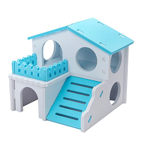 Wharick Hamster House Gerbil Toys,Juguetes para ratas para mascotas,Doble capa de madera Hideout Accesorios de juguete para ratón de conejillo de indias erizo azul