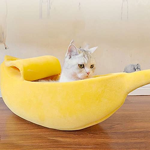 WHIO Linda casa de cama de gato plátano, extra grande, suave, tela de felpa corta, lavable a máquina, adecuada para gatos y perros pequeños, amarillo, 65 x 25 x 18 cm