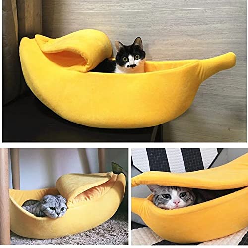 WHIO Linda casa de cama de gato plátano, extra grande, suave, tela de felpa corta, lavable a máquina, adecuada para gatos y perros pequeños, amarillo, 65 x 25 x 18 cm