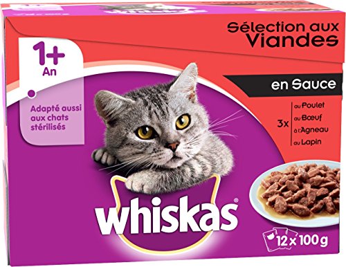 Whiskas - Alimento humedo para gatos, en salsa (Pollo, Carne De Res, Cordero, Aves De Corral), 48 paquetes x 100g