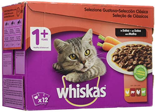 Whiskas Selección Multipack Bolsitas de Comida Húmeda para Gatos Adultos Selección Carnes (12 bolsitas x 100g)